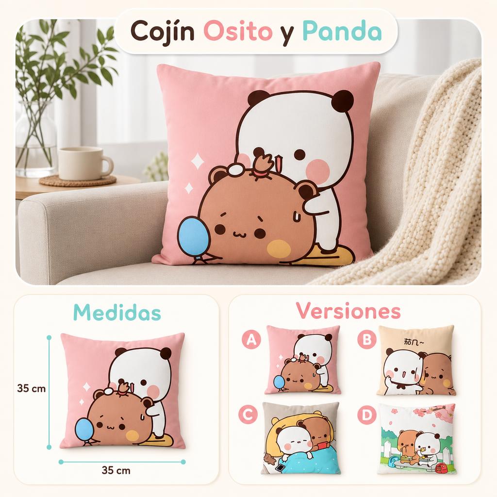 Cojín Decorativo Osito y Panda 35 × 35 cm – uso, medidas y versiones