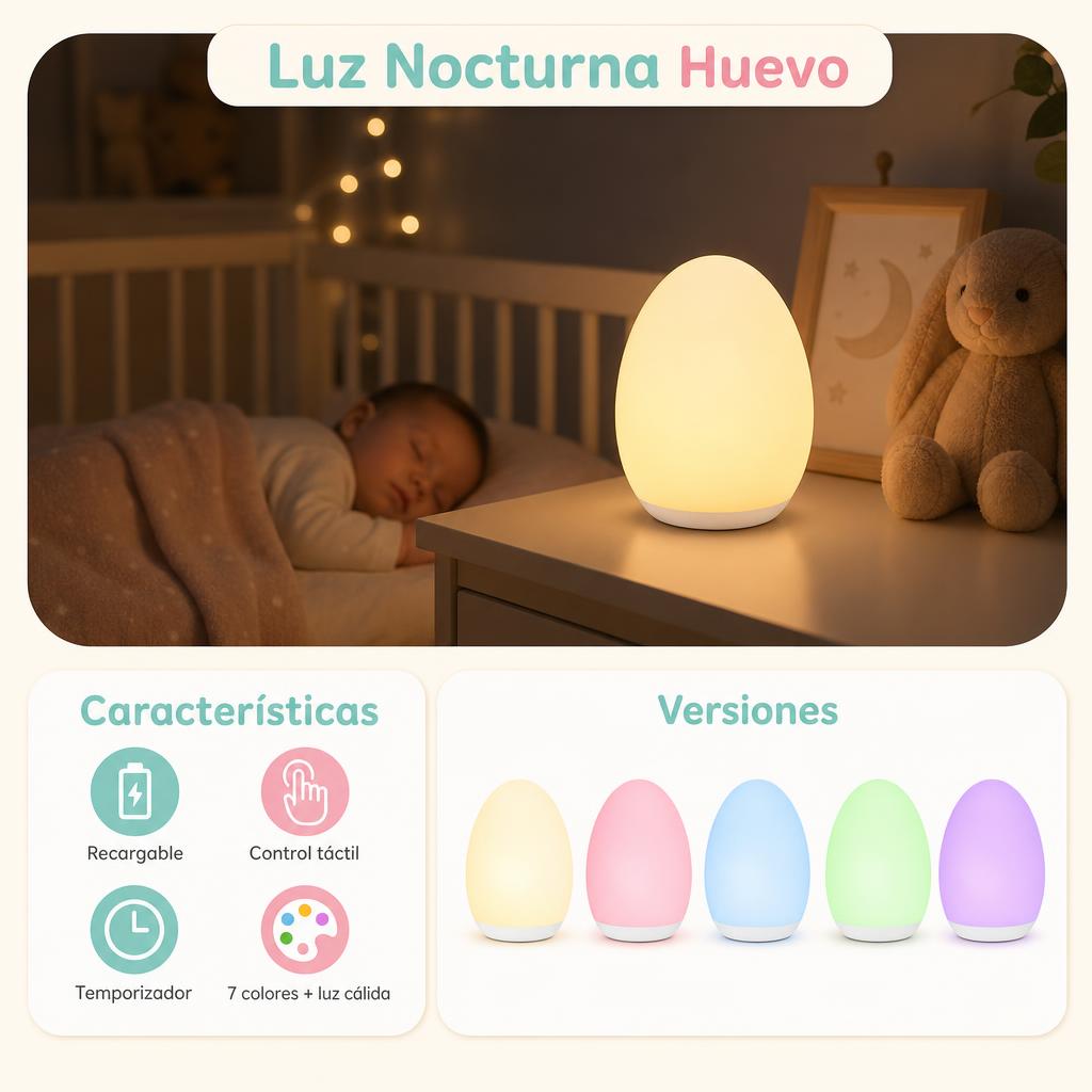 Luz Nocturna Huevo Recargable – 7 Colores – uso, medidas y versiones