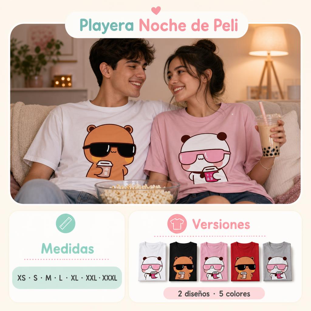 Playera Unisex Panda y Osito "Noche de Peli" – uso, medidas y versiones