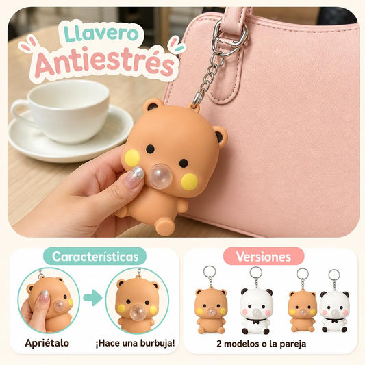 Llavero Antiestrés que Hace Burbujas – Osito y Panda – uso, medidas y versiones
