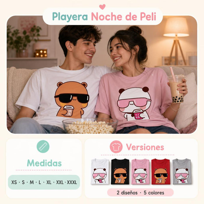 Playera Unisex Panda y Osito "Noche de Peli"